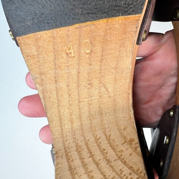 Lisa B Peep Toe Clogs Low Wood Heel Chocolate Brown Leather 40 Boho US 8.5 / 9 - Picture 11 of 13